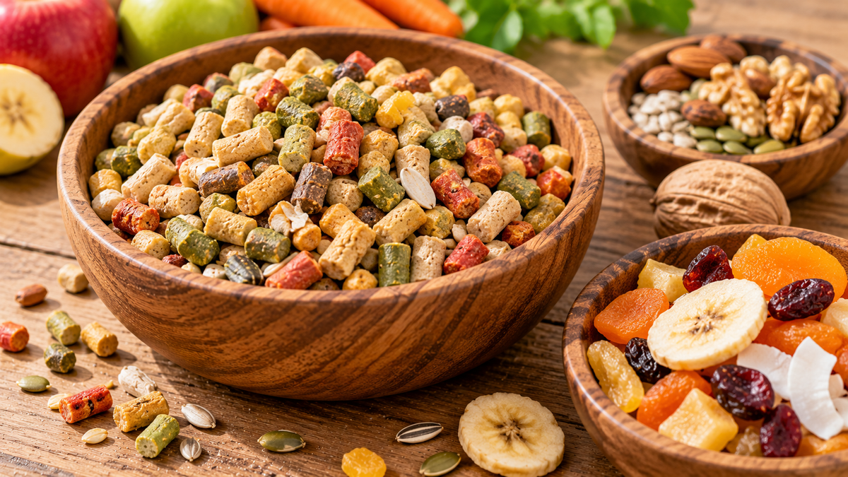 Pellets and fruit for a large parrot