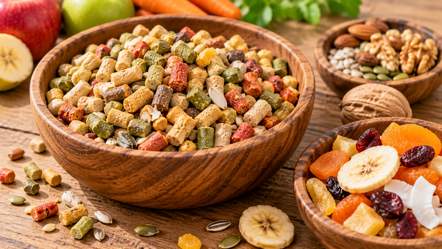 Pellets and fruit for a large parrot