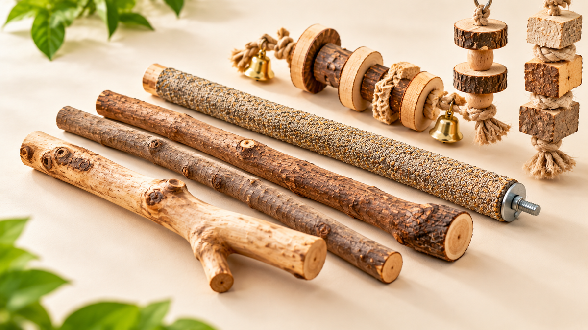 Natural eucalyptus wood perch and chew toys for birds