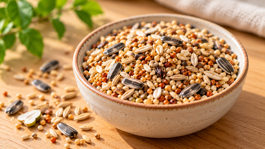 Seed mix in a bowl for budgies