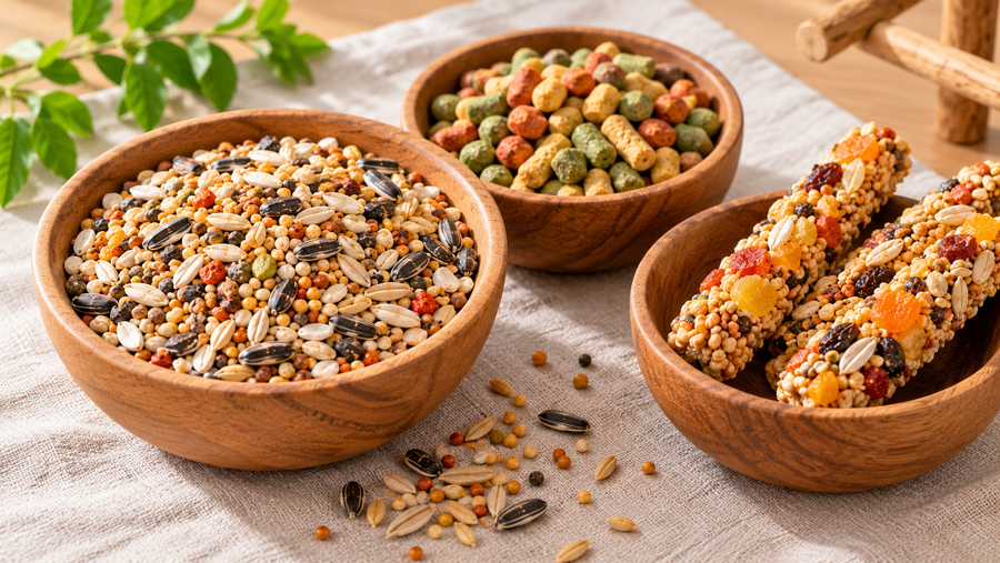 Seed mix, pellets and treats for cockatiels