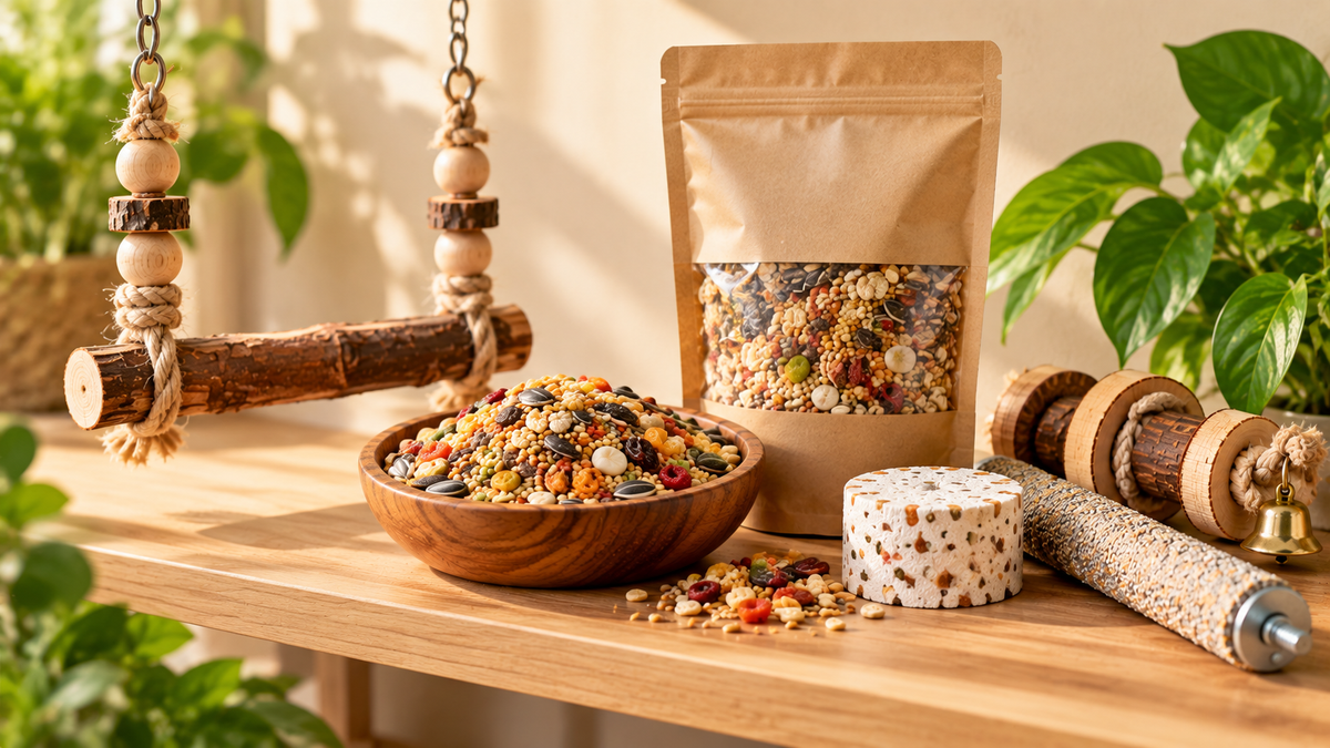 CONGO bestsellers bird food and toys on a shelf