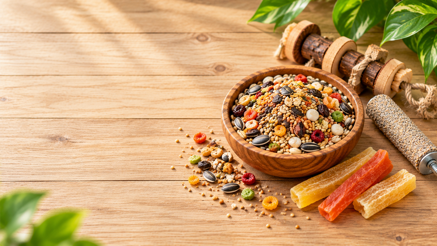 CONGO natural parrot treat bird food and toys arranged on a wooden table