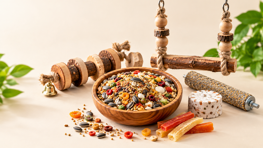 Selection of CONGO bird food, toys and supplements displayed together