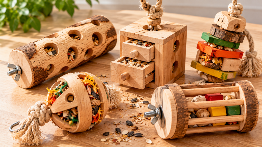 Wooden foraging toys for parrots