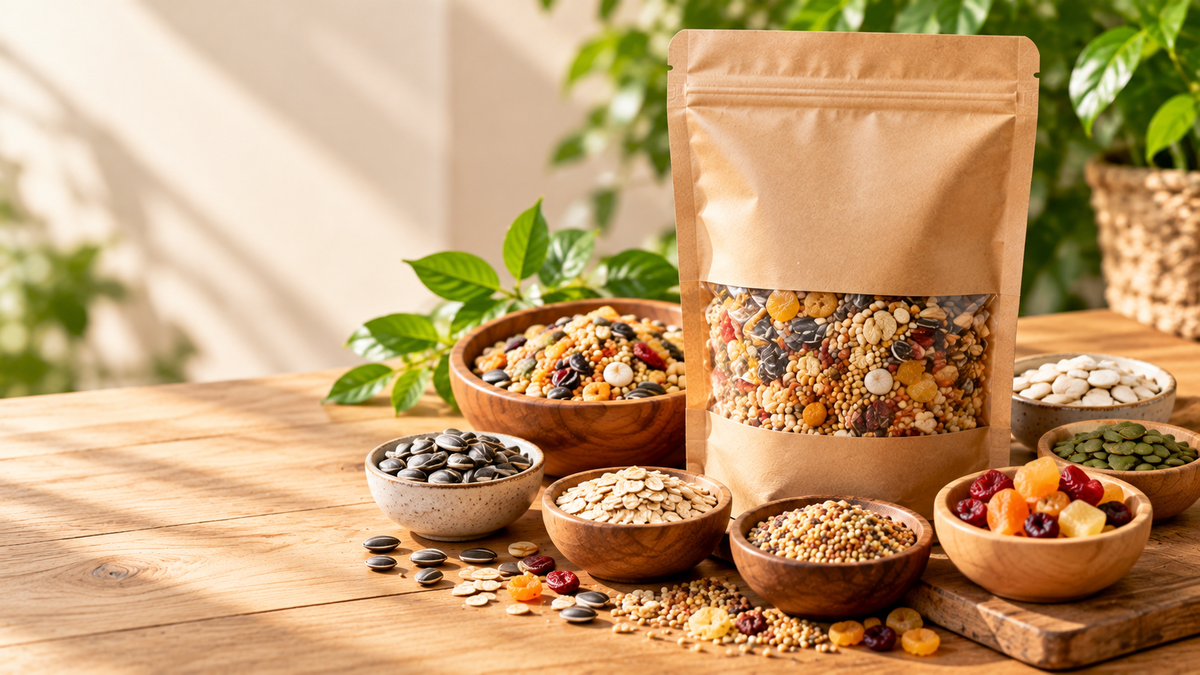 Bird food pouch with ingredient bowls beside it