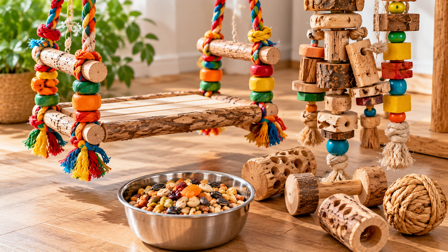 Macaw swing, large chew toys and food bowl