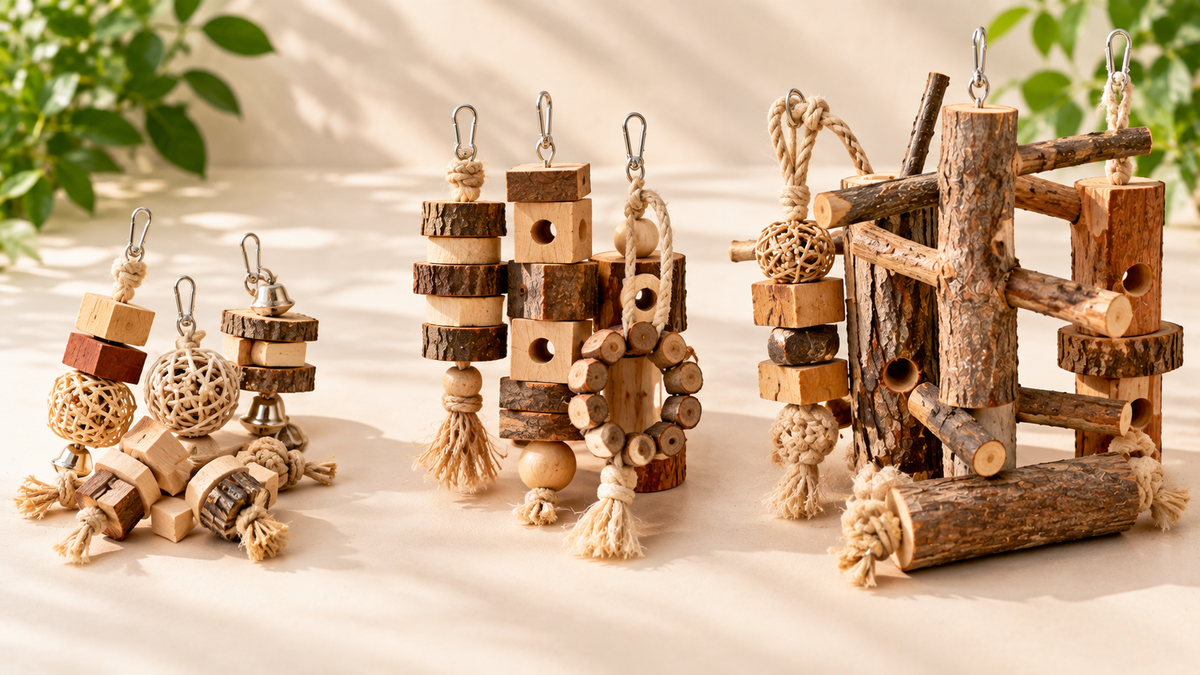 Wooden chew toys for small, medium and large birds