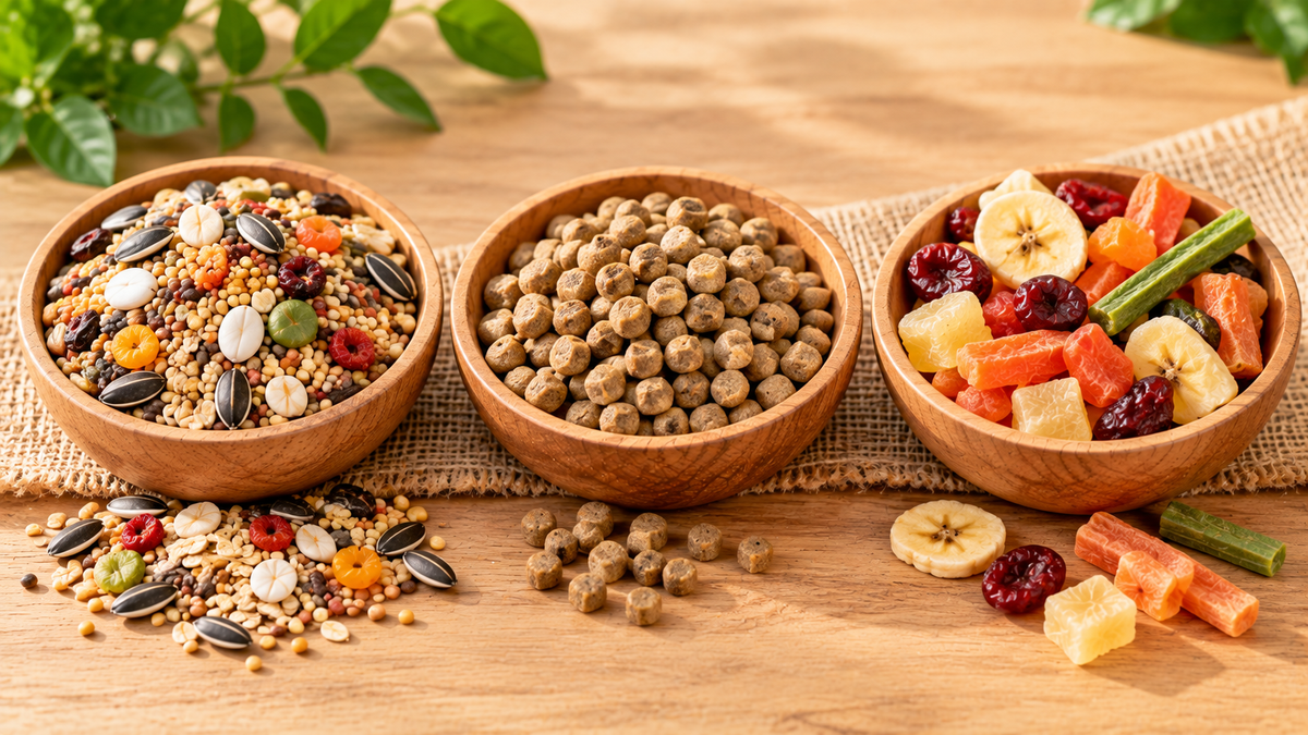 Three bowls of seed mix, pellets and fruit treats