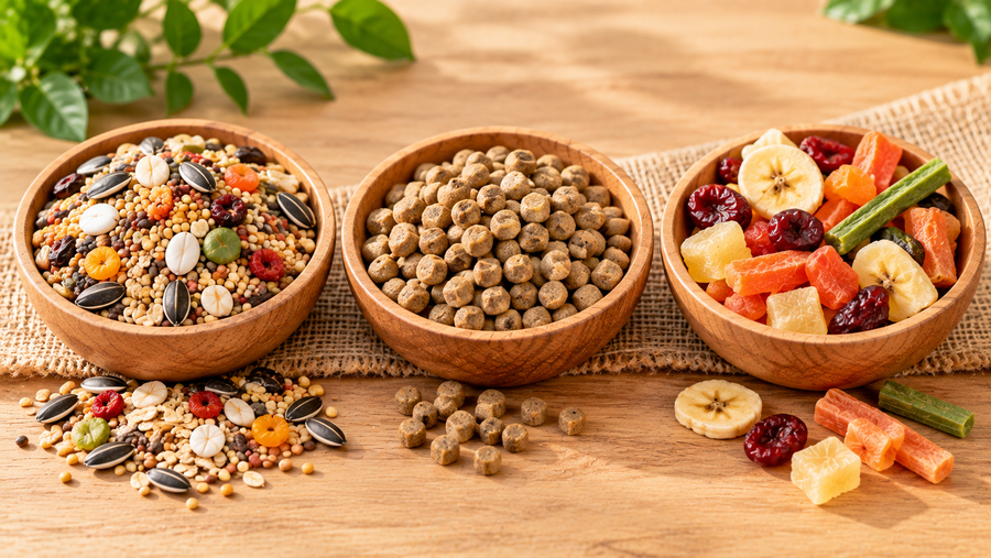 Three bowls of seed mix, pellets and fruit treats