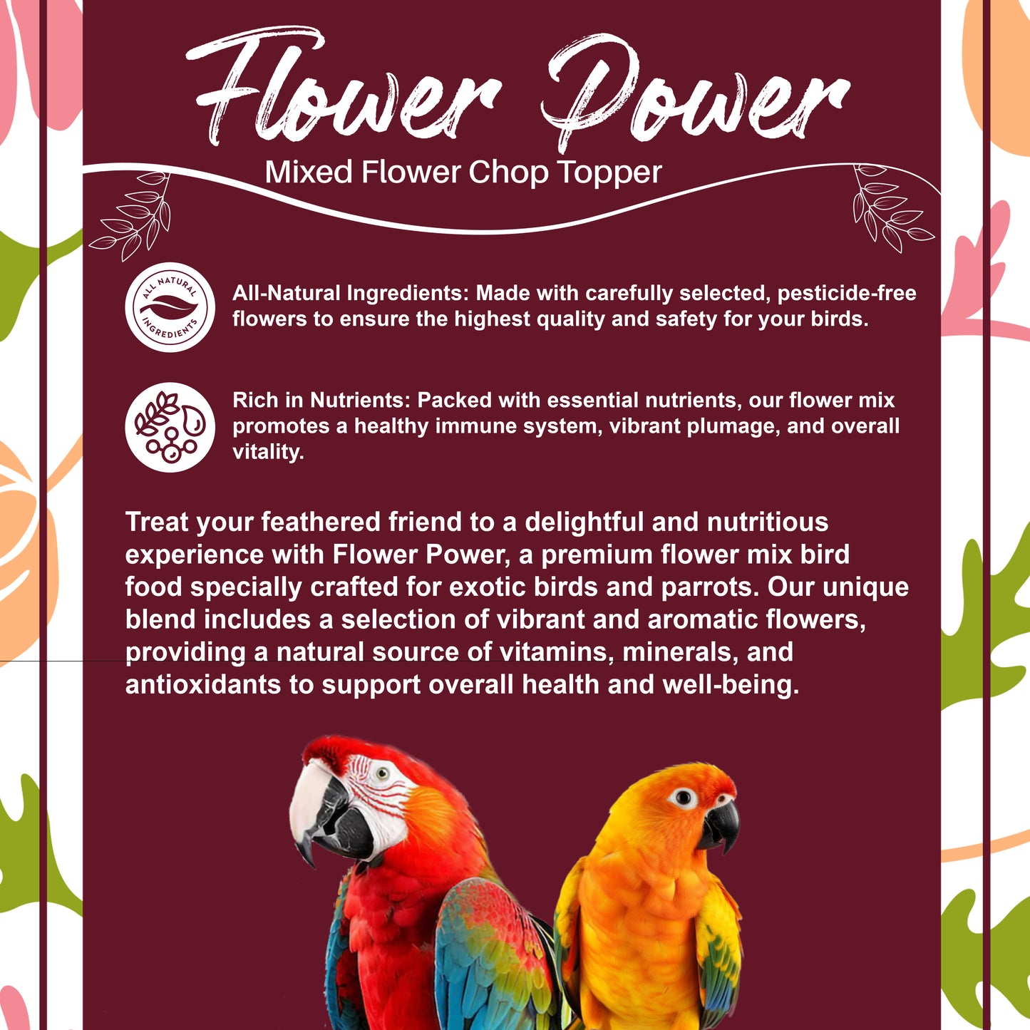 Congo® Flower Power 20 Flower Mix Treat Food for Budgies, Finches, Lovebirds, Cockatiels, Conure, Rosella, Amazon, African Grey, Macaw, Cockatoos and Other Birds