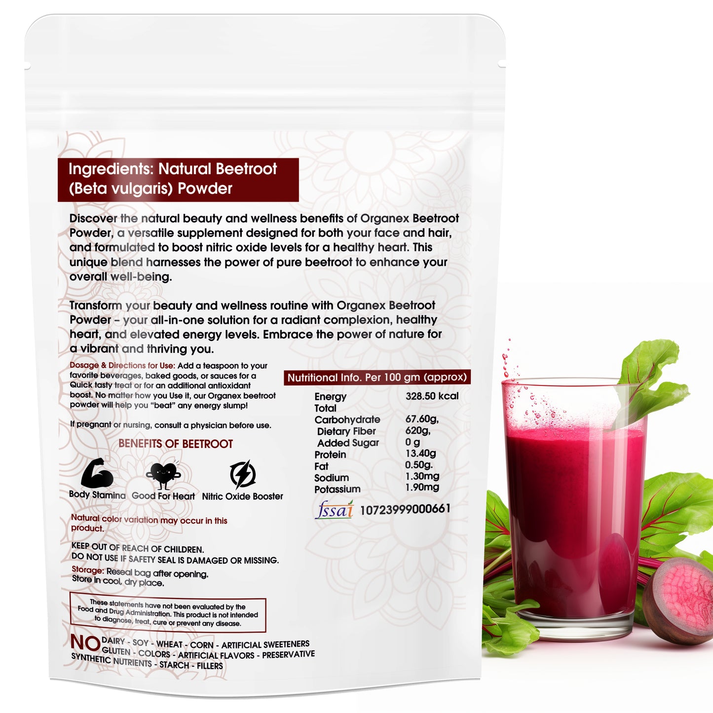 CONGO® Organex 100g Natural Beetroot For Supplement & Pre Workout Supplement | Beetroot Powder for Face & Hair |Nitric Oxide Booster