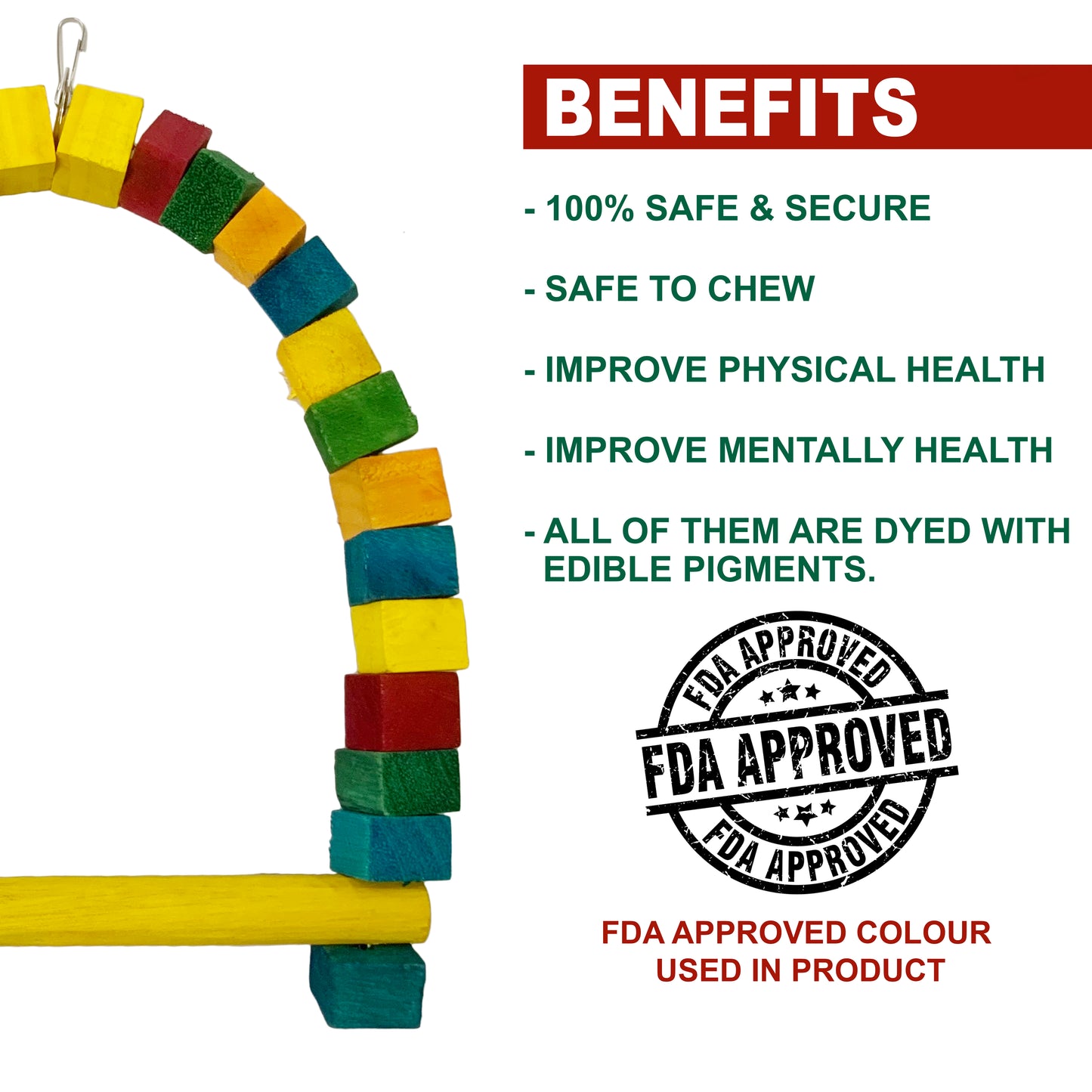 Congo® Colored 18X12 Inch Bird Swing Wooden Bird Toys Cage Accessories for Conure, African Grey, Senegal, Amazon, Macaw and Other Birds Piece of 1