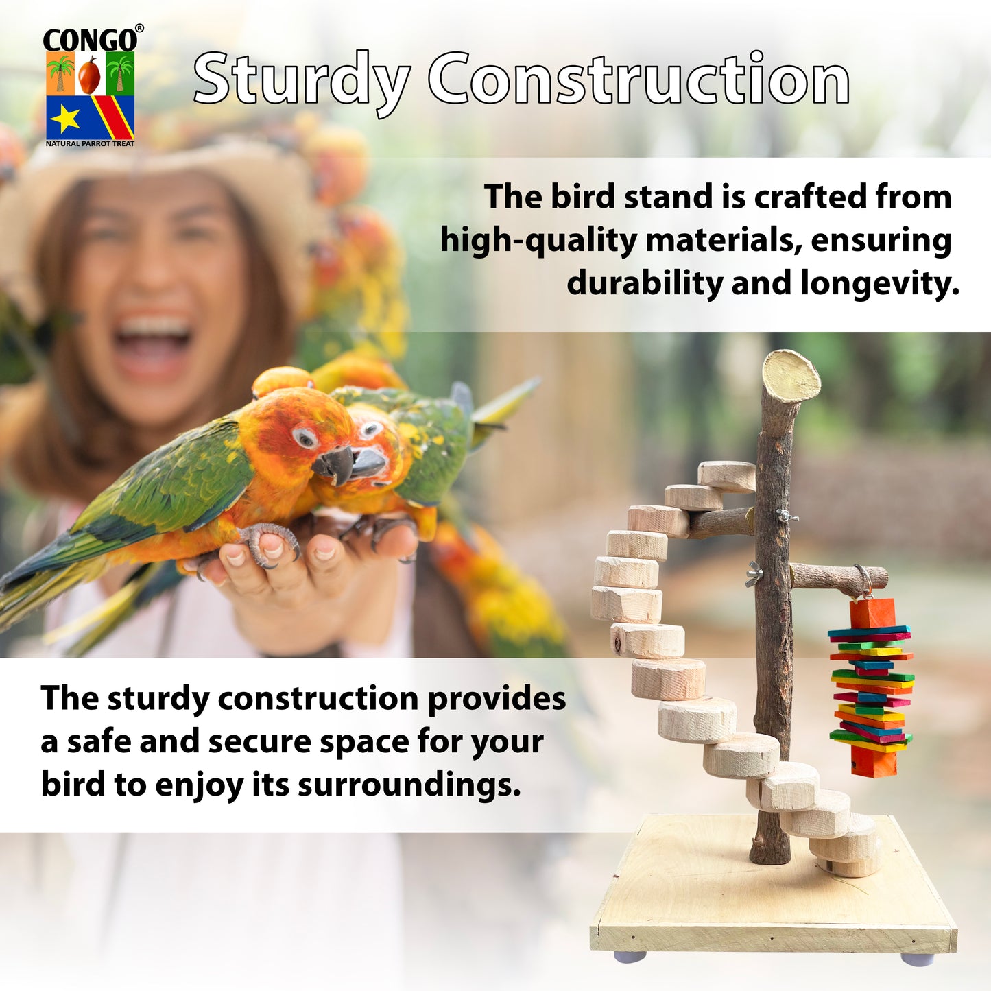 Congo® 1.5 Ft. (45 cm) Mini Ladder Stand with Steel Feeding Bowl for Birds Playing and Sitting for Cockatiels, Conure, Senegal, Amazon and Other Birds