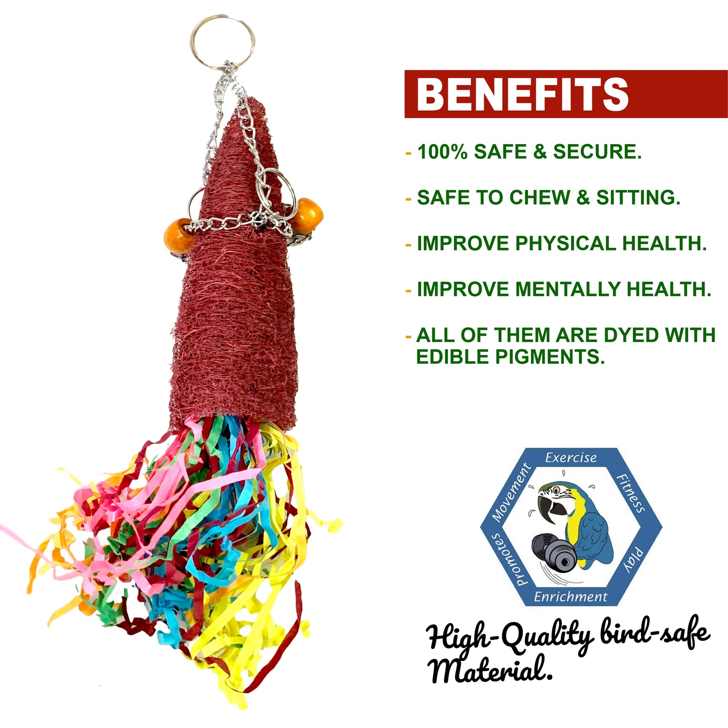 Congo® 12X3 Inch Down Side Paper Foraging Luffa Chew Color Hanging Toy for Budgies, Finches, Cockatiel, Lovebirds, and Other Small Birds (Piece of 1)