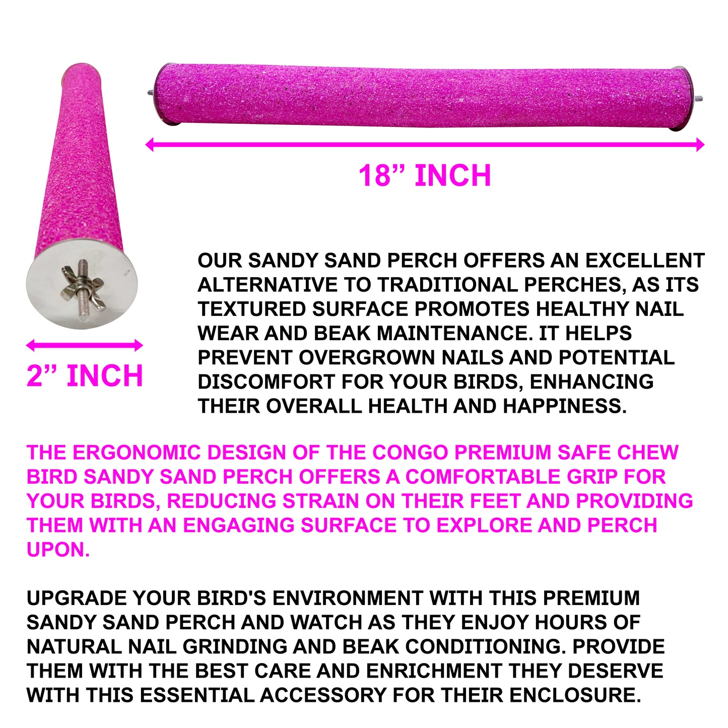 Congo Premium 18" Safe Chew Bird Sandy Sand Perch for Grinding Nail for African, Macaw, Cockatoos and Other Large Birds