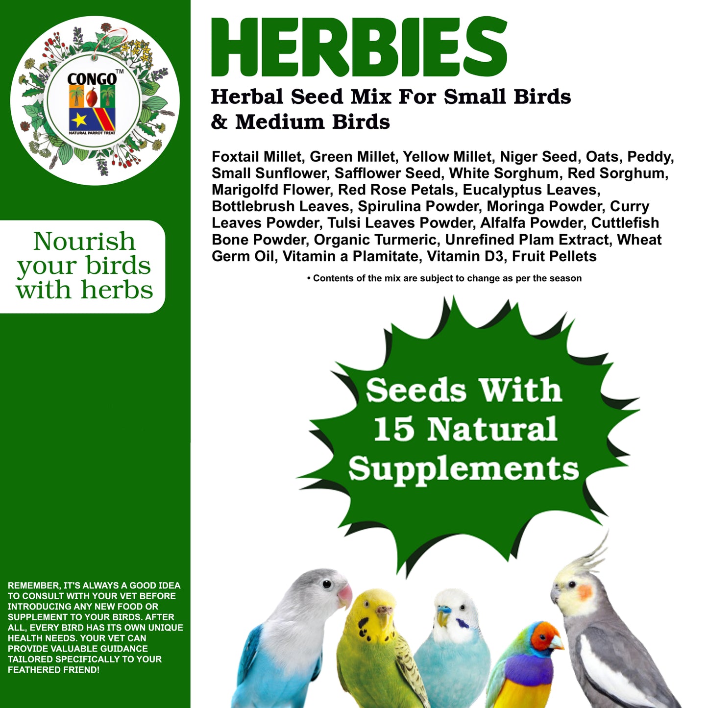 Congo® 900gm Herbies Herbal Seed Mix Nutritional Diet for Finch, Budgies, Lovebirds, Cockatiels, Conure and Other Small & Medium Birds, 900gm