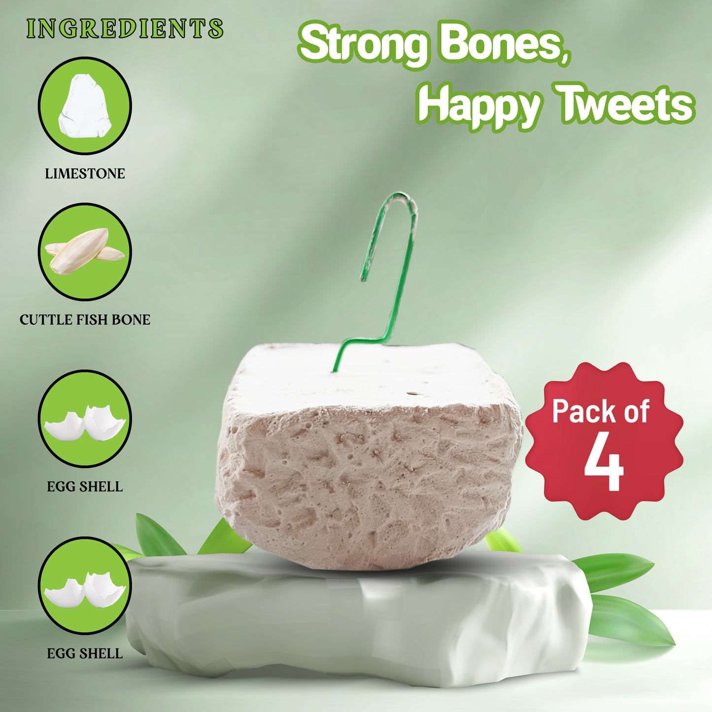 Congo® High Calcium Block for Birds | Bird Food and Supplement | Easy to Digestive for Finch, Budgies, Lovebirds, Cockatiels, Conure and Other Birds. (Pack of 4-200 gm)