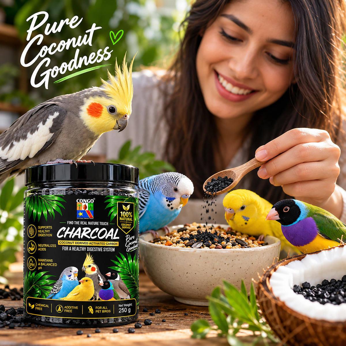 CONGO Charcoal for Birds – 250g | 100% Natural Coconut Derived Activated Carbon | Supports Healthy Digestion & Balanced pH | For Parakeets, Lovebirds, Cockatiels, Finches, Canaries & Conures