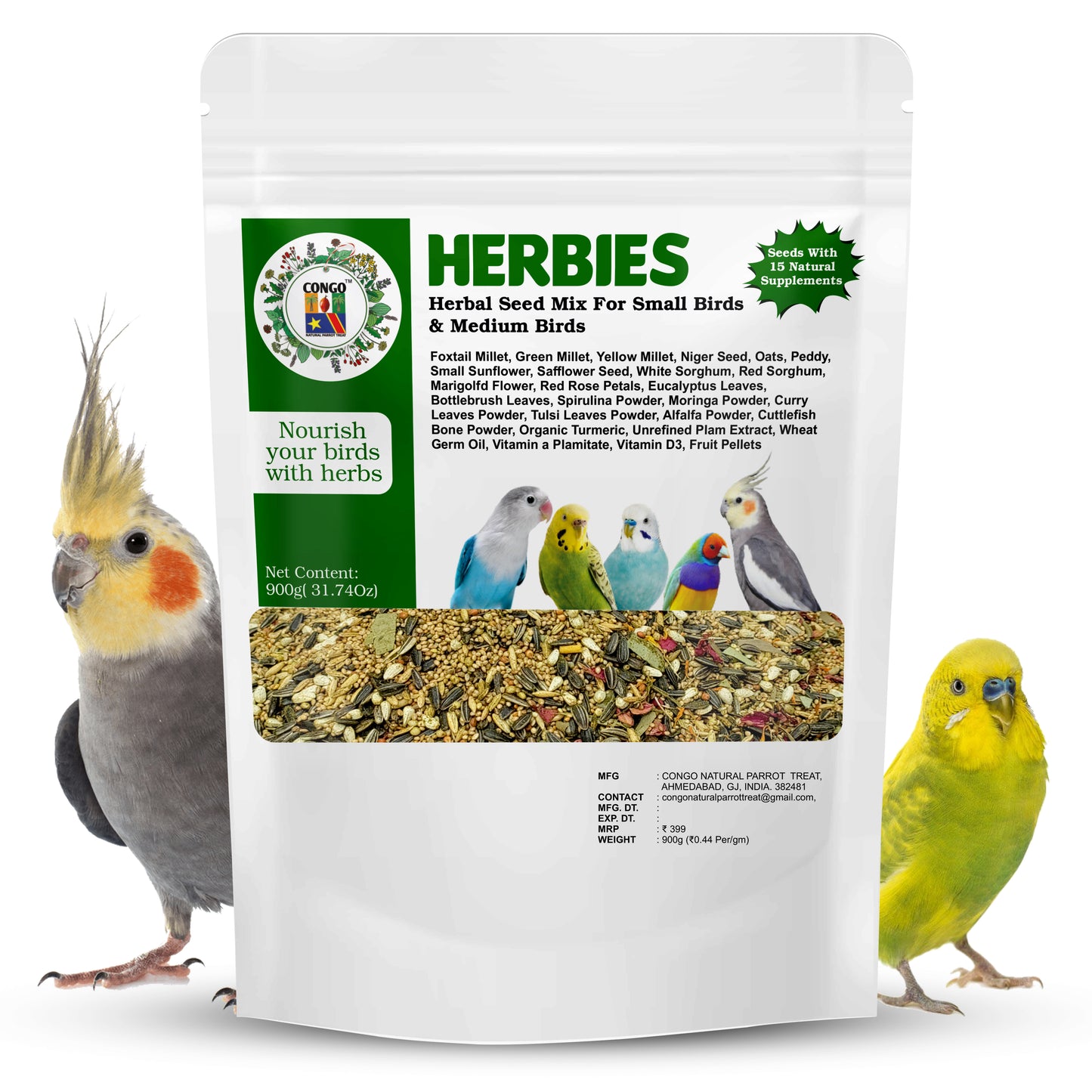 Congo® 900gm Herbies Herbal Seed Mix Nutritional Diet for Finch, Budgies, Lovebirds, Cockatiels, Conure and Other Small & Medium Birds, 900gm