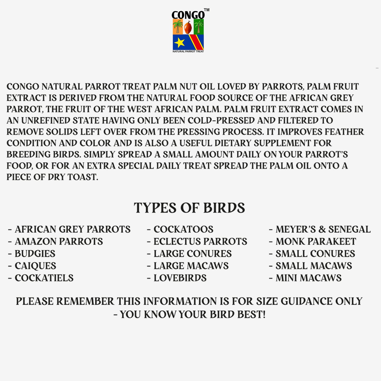 Congo 500g Palm Nuts Oil for Healthy Feather & Wings for Finches, Budgies, Conures, Lovebirds, Cockatiels, African Grey, Macaws, Cockatoo, Eclectus and Other Birds (500gm)
