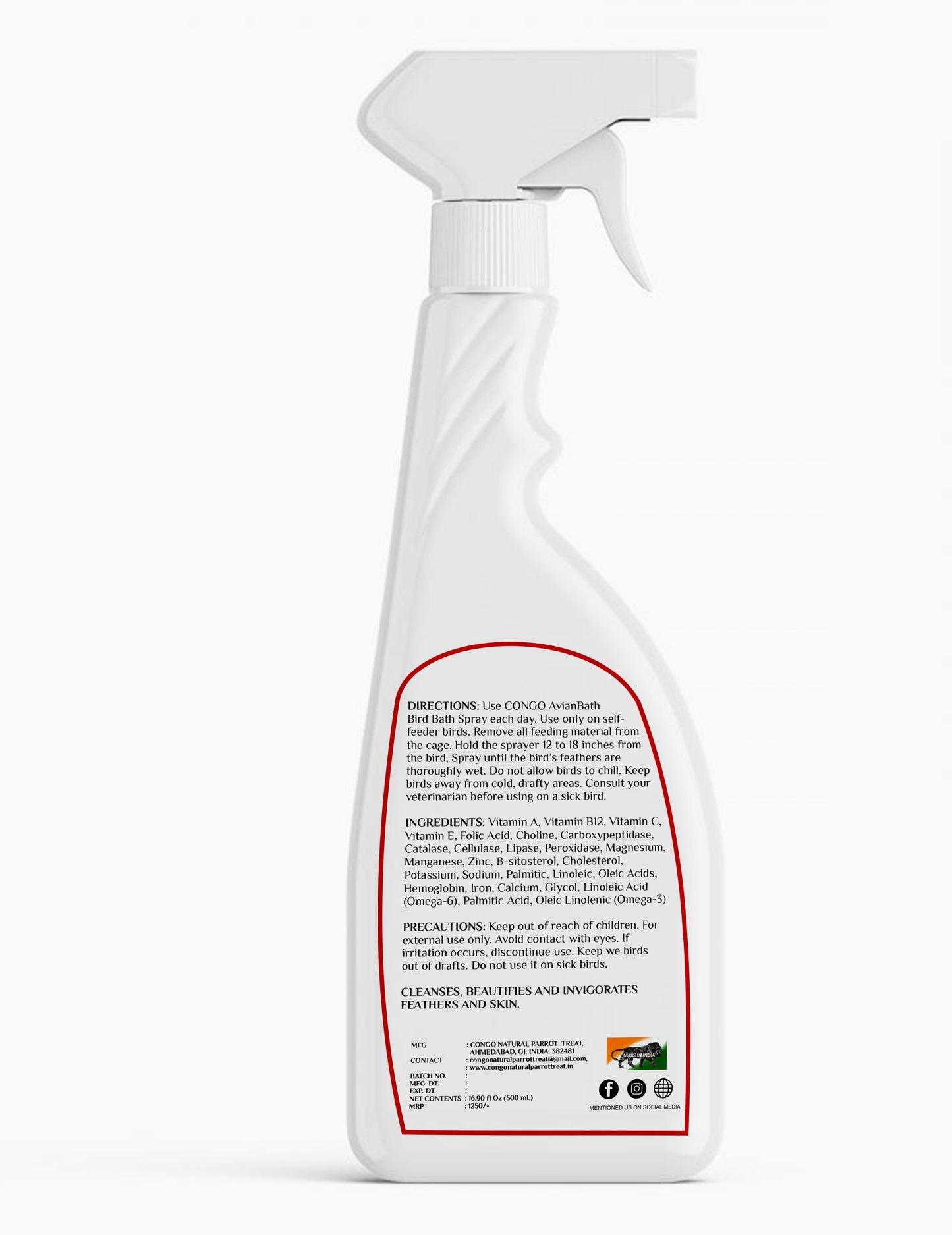 Congo 500ml AvianBath Feather Care Bird Bath Spray | for Healthy Feather for Budgies, Cockatiels, Lovebirds, Conure, Senegal, Amazon, African Grey, Macaw and Other Birds