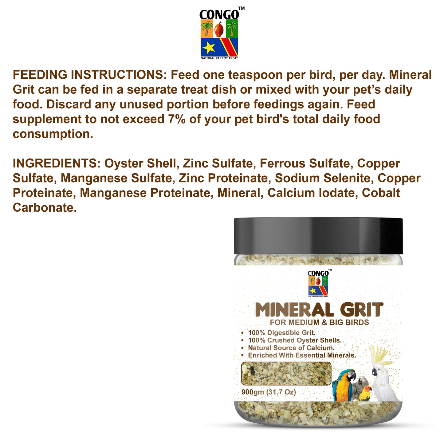Congo® 900gm Mineral Grit for Healthy Bird Digestive System for Conure, Cockatoos, African Grey, Macaw and Other Big Birds (900gm)