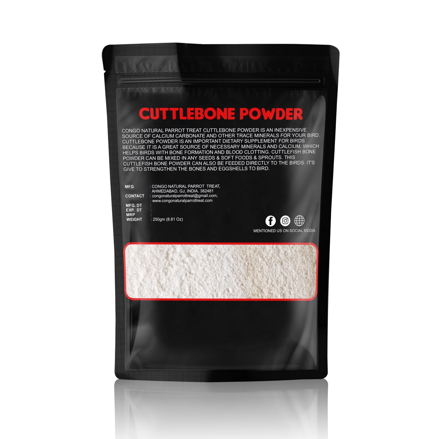 Congo® 250gm Cuttlefish Bone Powder for Finches, Budgies, Conures, Lovebirds, Cockatiels, African Grey, Macaws, Cockatoo, Eclectus and Other Birds, 250gm