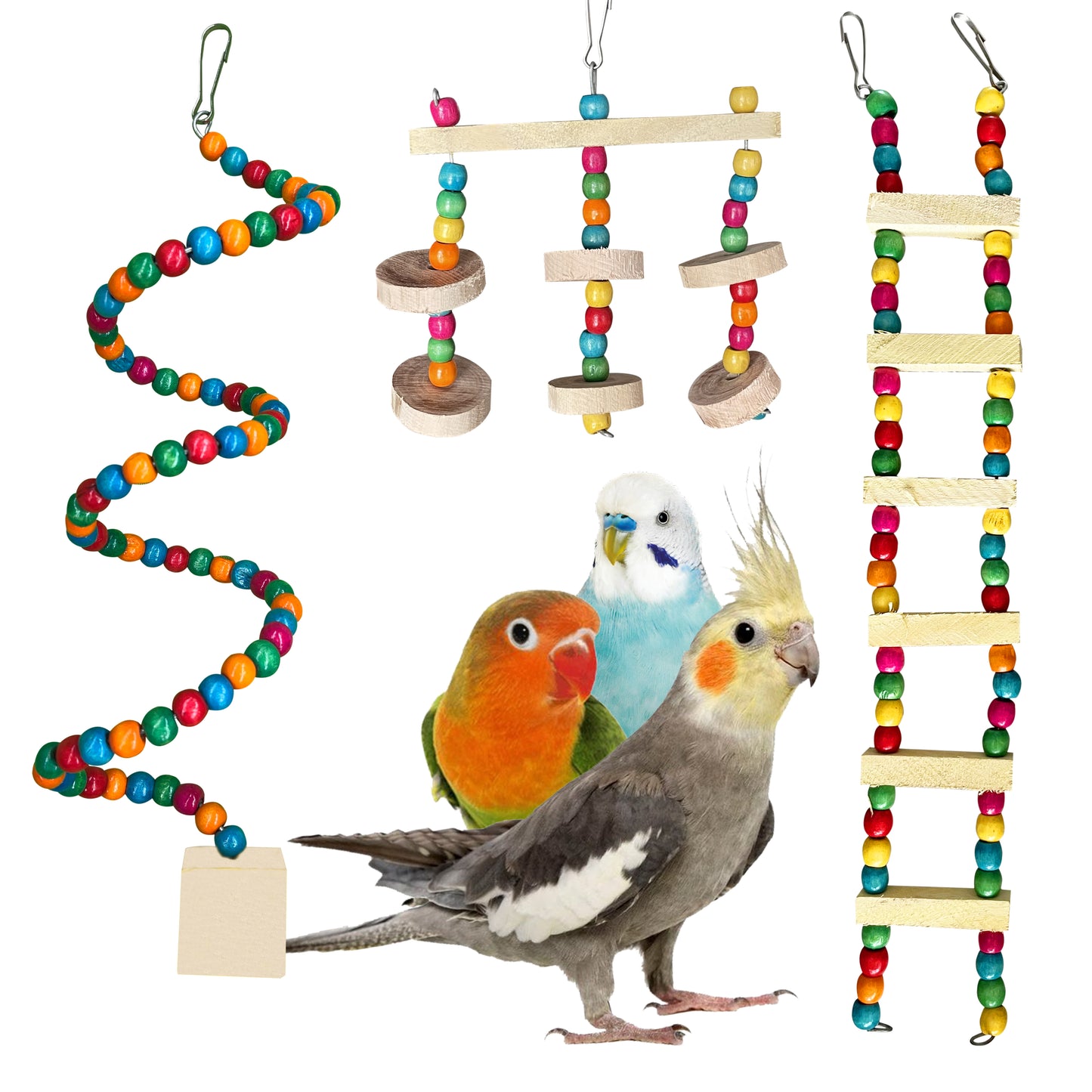 Congo Set of 3 Colored Ladder, Hanging Spiral and Chew Toy Combo Pack for Budgies, Lovebirds, Finches, Cockatiel Set of 1 (Piece of 3)