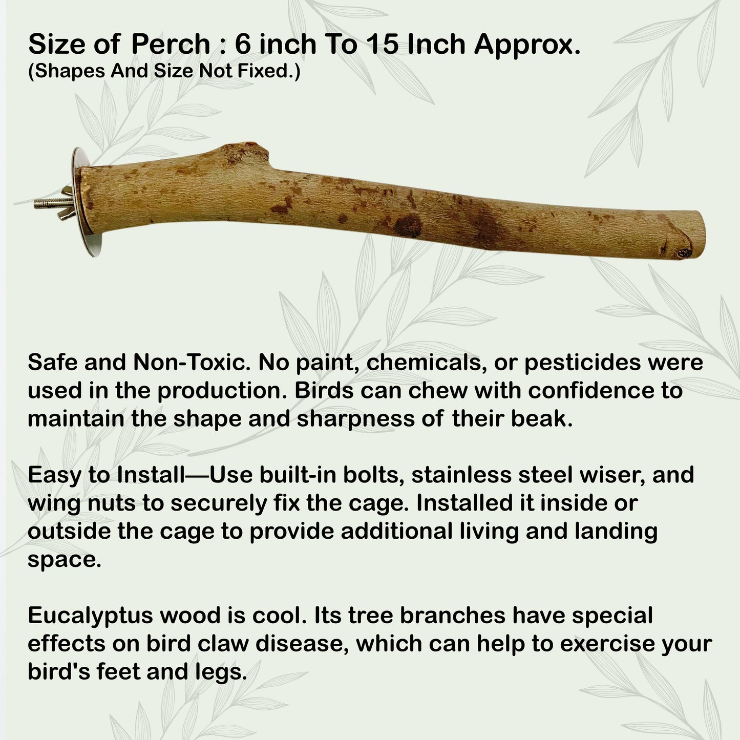 Congo 100% Natural Eucalyptus 11" to 13" inch Chewable Perch (Neelgiri Wood) for Playing for Budgies, Lovebirds, Cockatiels, Conure, Senegal, Amazon and Other Birds, 11" to 13" inch (Pack of 2)
