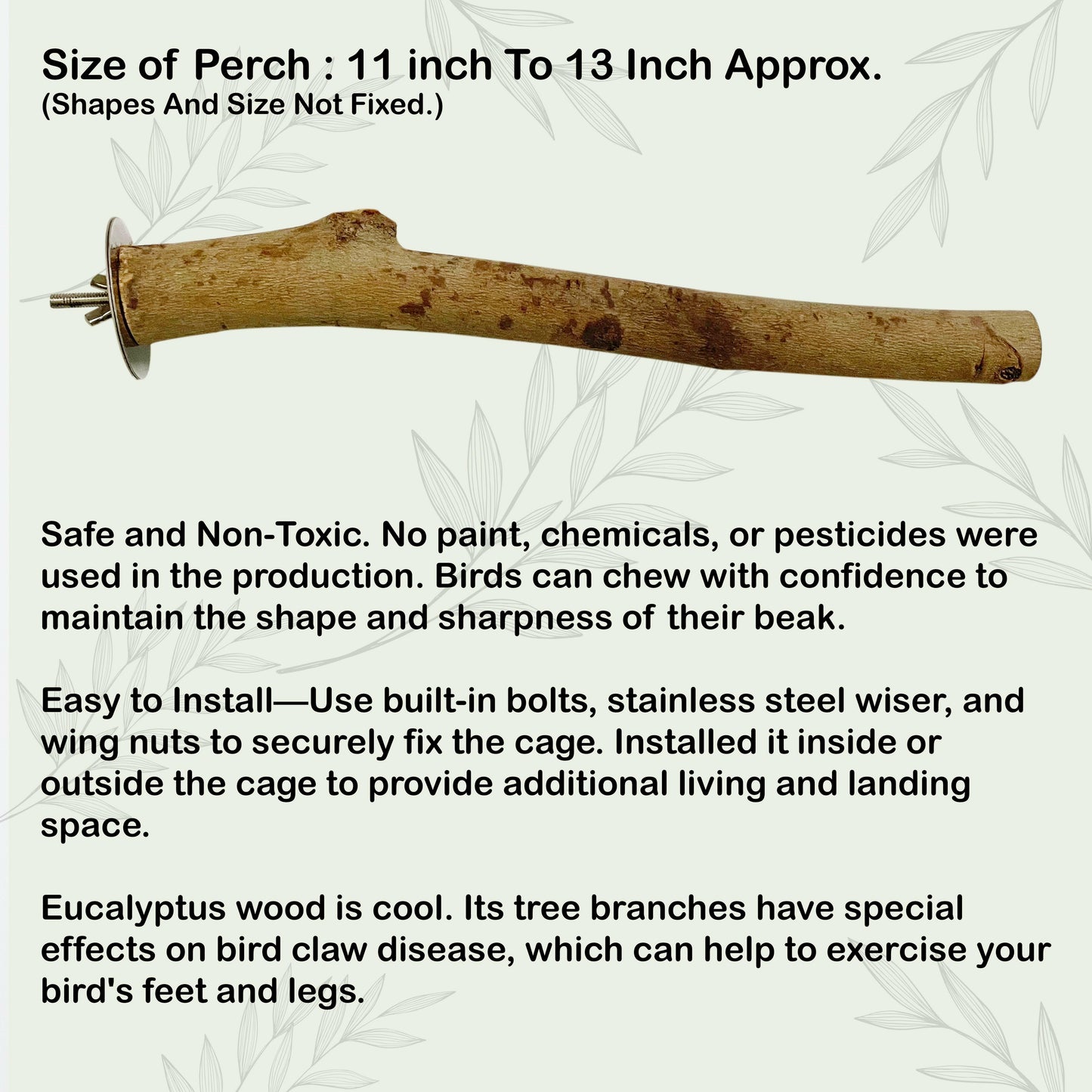 Congo 100% Natural Eucalyptus 11" to 13" inch Chewable Perch (Neelgiri Wood) for Playing for Budgies, Lovebirds, Cockatiels, Conure, Senegal, Amazon and Other Birds, 11" to 13" inch (Pack of 2)