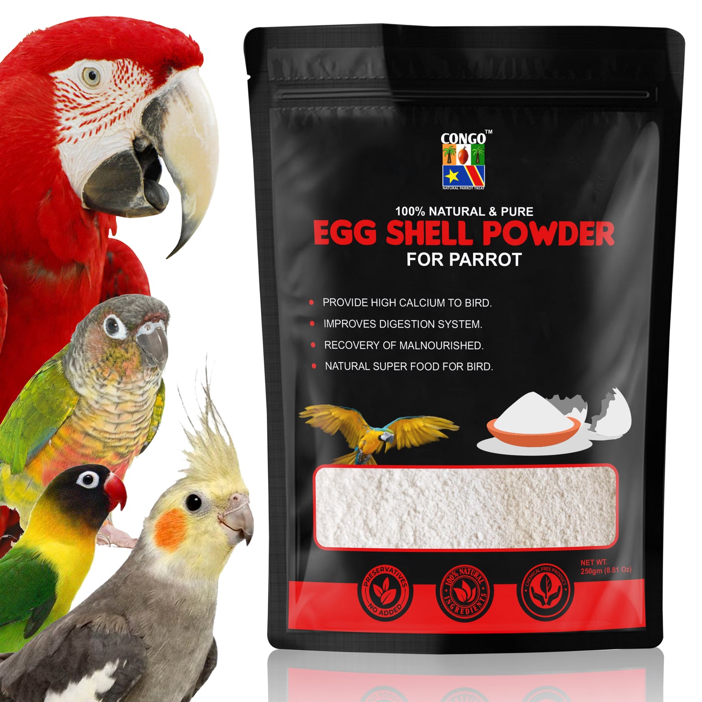 Congo® 250gm Egg Shell Powder Provide High Calcium for Finches, Budgies, Conures, Lovebirds, Cockatiels, African Grey, Macaws, Cockatoo, Eclectus and Other Birds, 250gm