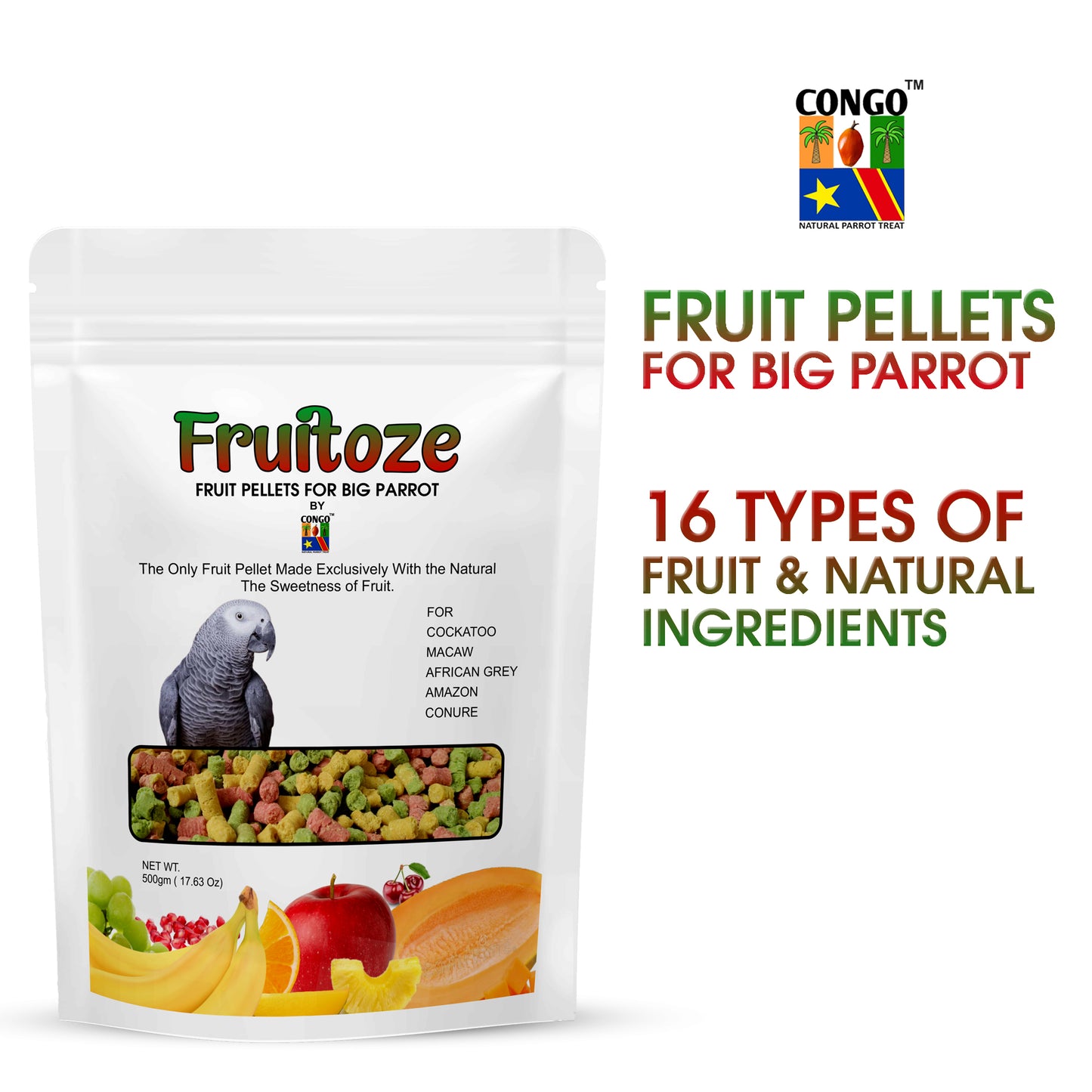 Congo 1Kg Premium Fruitoze Fruit Pellets for Cockatoo, Macaw, African Grey, Amazon and Conure Parrots (1Kg)