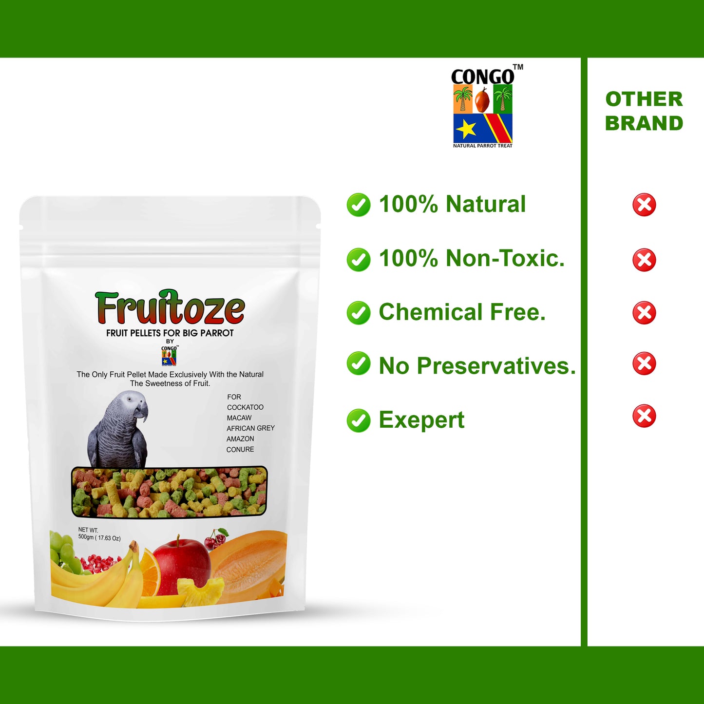 CONGO 500g Premium Fruitoze Fruit Pellets For Cockatoo, Macaw, African Grey, Amazon And Conure Parrots (500Gm), Bird, All Life Stages, 1 Count