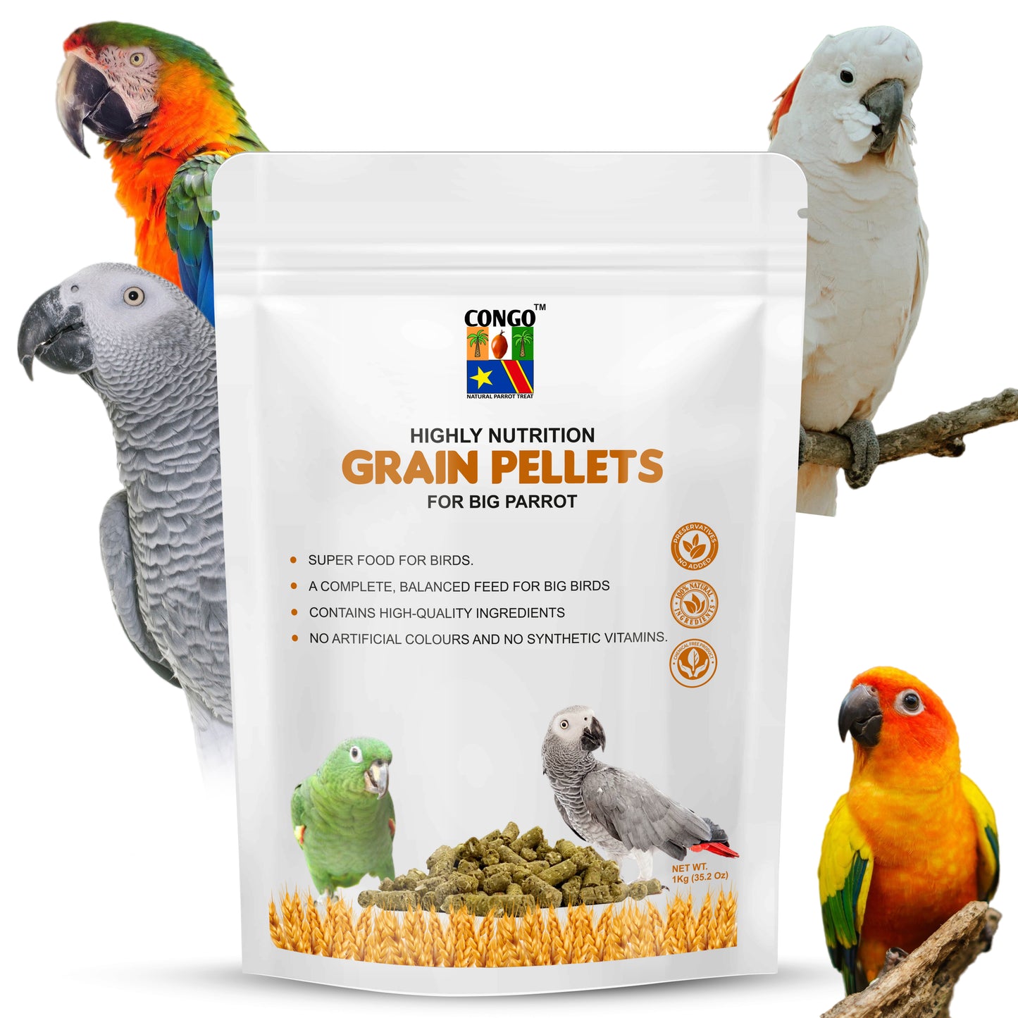 Congo® 1Kg Premium Grain Pellets Daily Diet for Conure, Senegal, Amazon, African Gray, Macaw, Cockatoo, Indian Parrot, and Other Big Birds (1Kg)