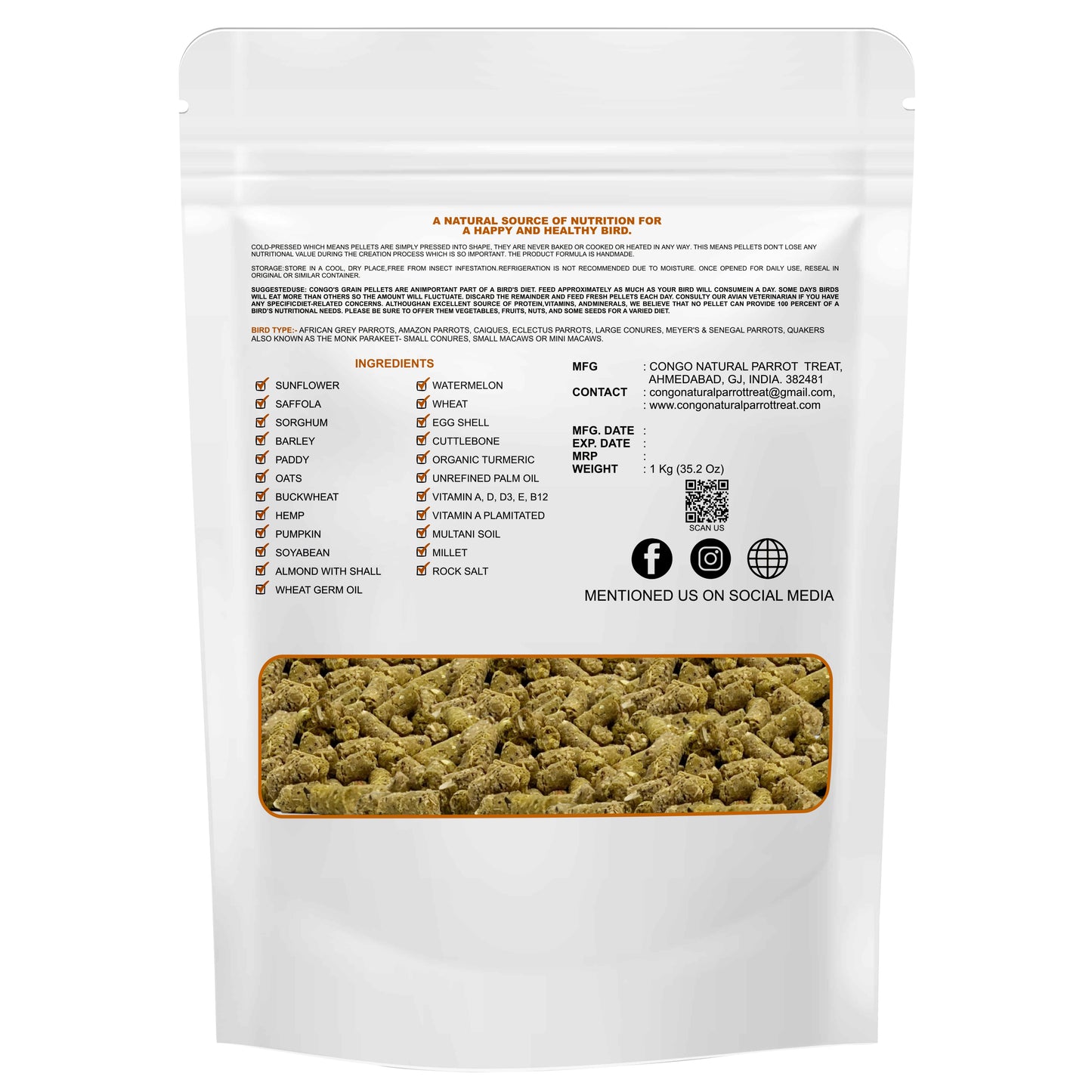 Congo® 1Kg Premium Grain Pellets Daily Diet for Conure, Senegal, Amazon, African Gray, Macaw, Cockatoo, Indian Parrot, and Other Big Birds (1Kg)