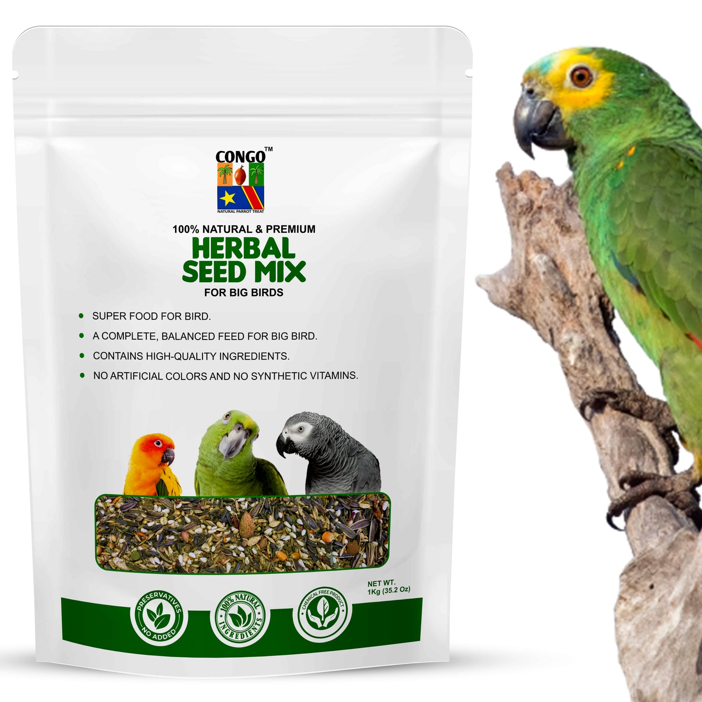 Congo Herbal Seed Mix 1kg for Conure, Senegal, Amazon, African Gray, Macaw, Cockatoo, Indian Parrot, and Other Big Birds. (1Kg)