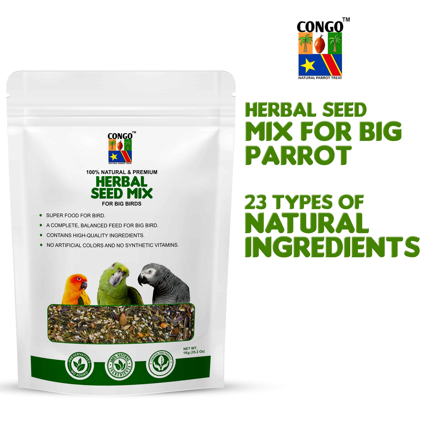 Congo Herbal Seed Mix 1kg for Conure, Senegal, Amazon, African Gray, Macaw, Cockatoo, Indian Parrot, and Other Big Birds. (1Kg)