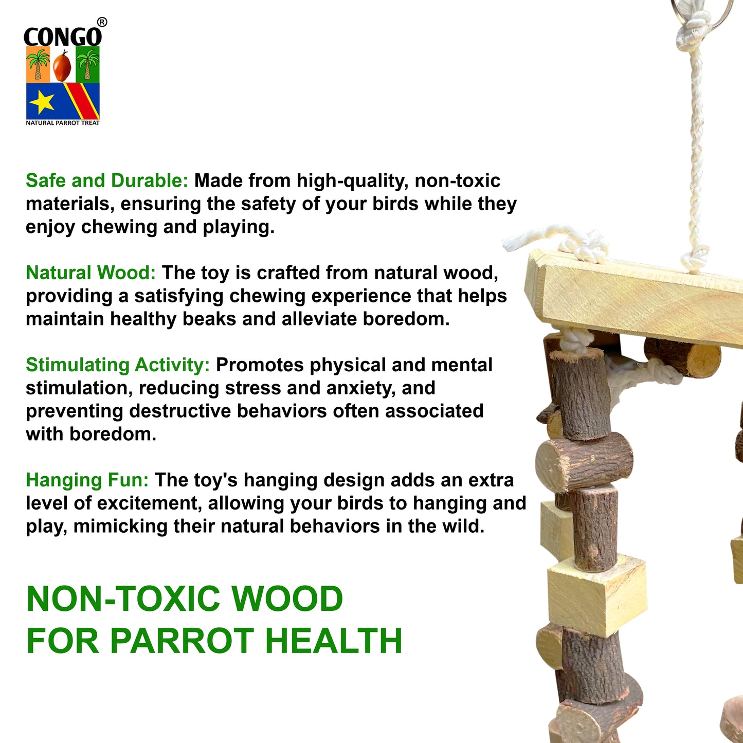 Congo® 6X12 Inch Safe-Chew Wood Hanging Jhummer Bird Toy for Chewing & Playing for Conure, African Grey, Amazon and Macaw Piece of 1