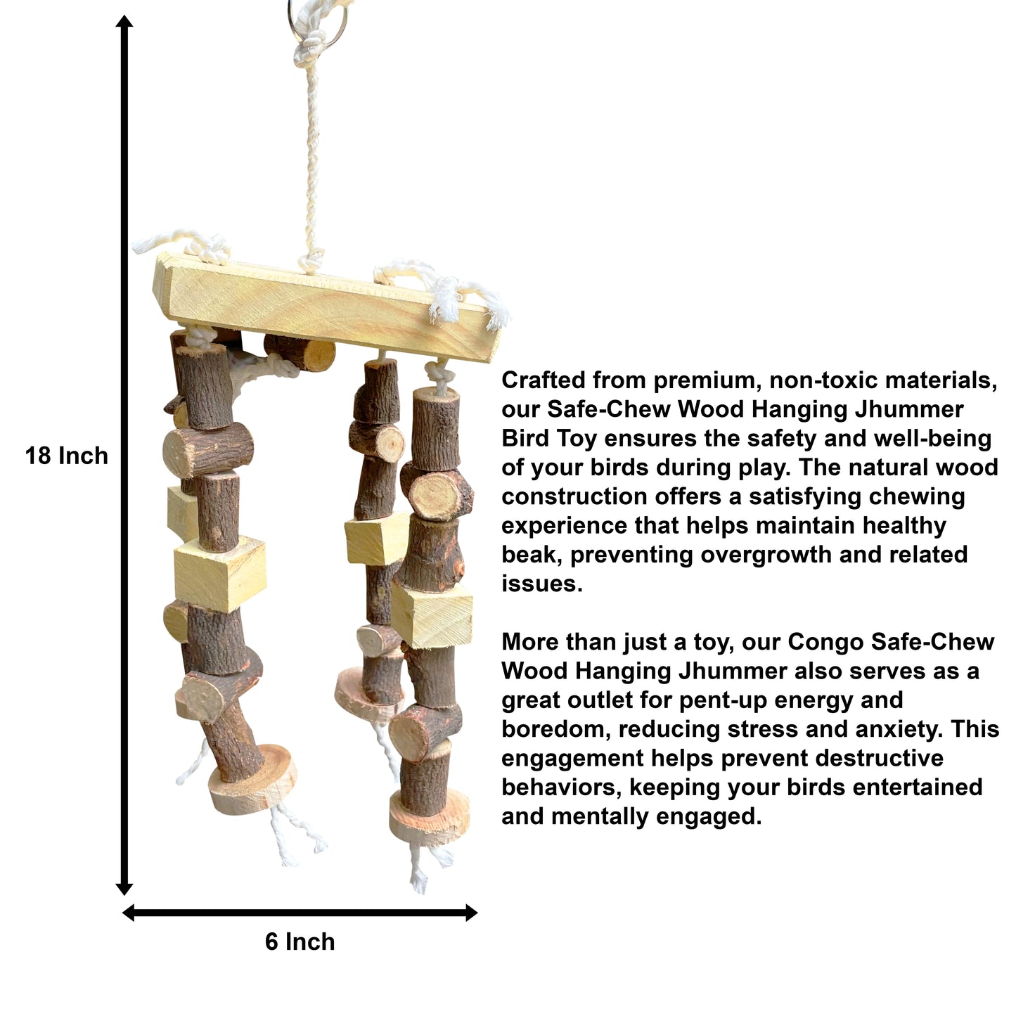 Congo® 6X12 Inch Safe-Chew Wood Hanging Jhummer Bird Toy for Chewing & Playing for Conure, African Grey, Amazon and Macaw Piece of 1