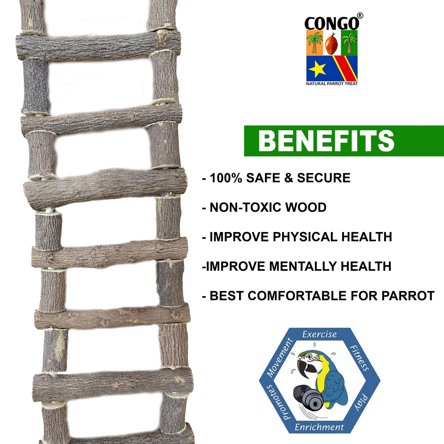 Congo Bird Safe-Chew 24 inch Wooden Ladder Bridge | for Climbing & Chewing | Fun-Full Toy for Conure, African Grey, Amazon and Macaw Piece of 1