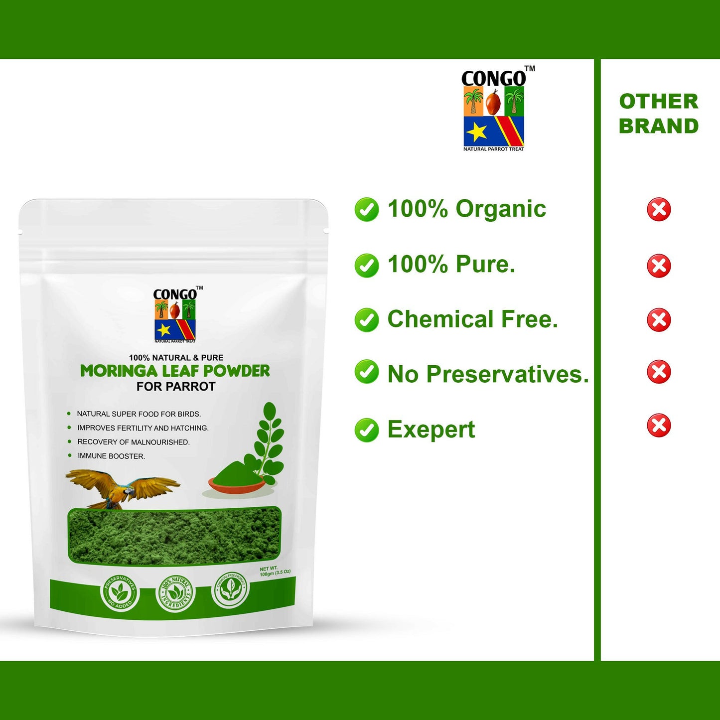 Congo 100gm Moringa Powder to Provide Essential Proteins for Budgies, Lovebirds, Cockatiels, Conure, Senegal, Amazon, African Grey, Macaw, Cockatoo and Other Birds, 100gm