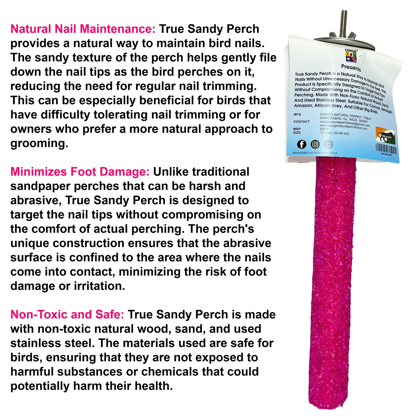 Congo 12" True Sandy Sand Perch for Specially Nail Grinding for Conure, African Grey and Other Medium Birds (12 Inch)