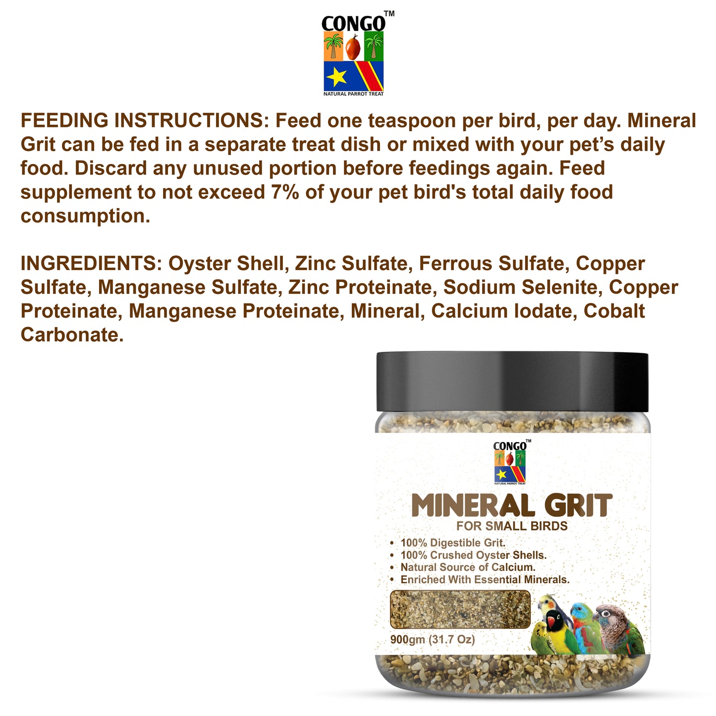 Congo® 900gm Mineral Grit for Healthy Bird Digestive System for Budgies, Lovebirds, Cockatiel and Other Small Birds (900gm)