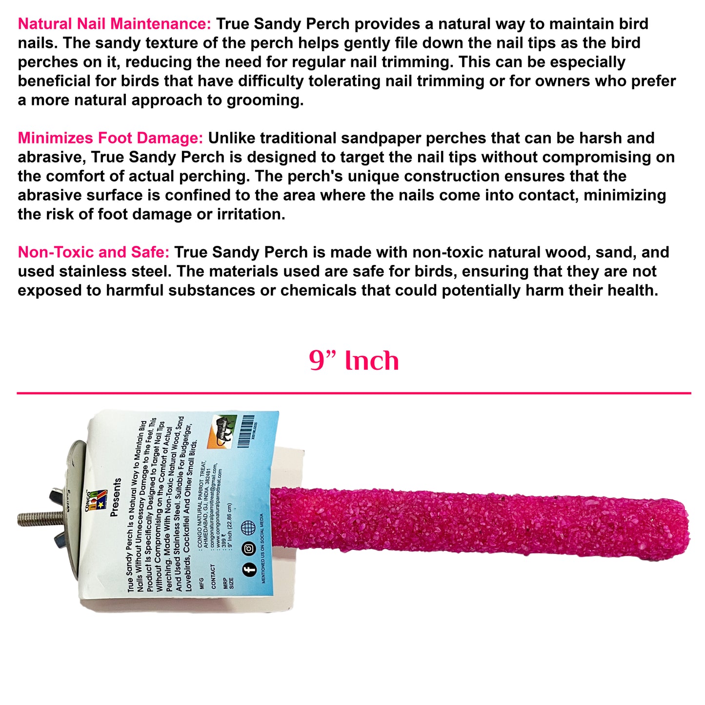 Congo 9 inch True Sandy Sand Perch for Specially Nail Grinding for Lovebirds, Cockatiel and Other Small Birds (9 Inch)