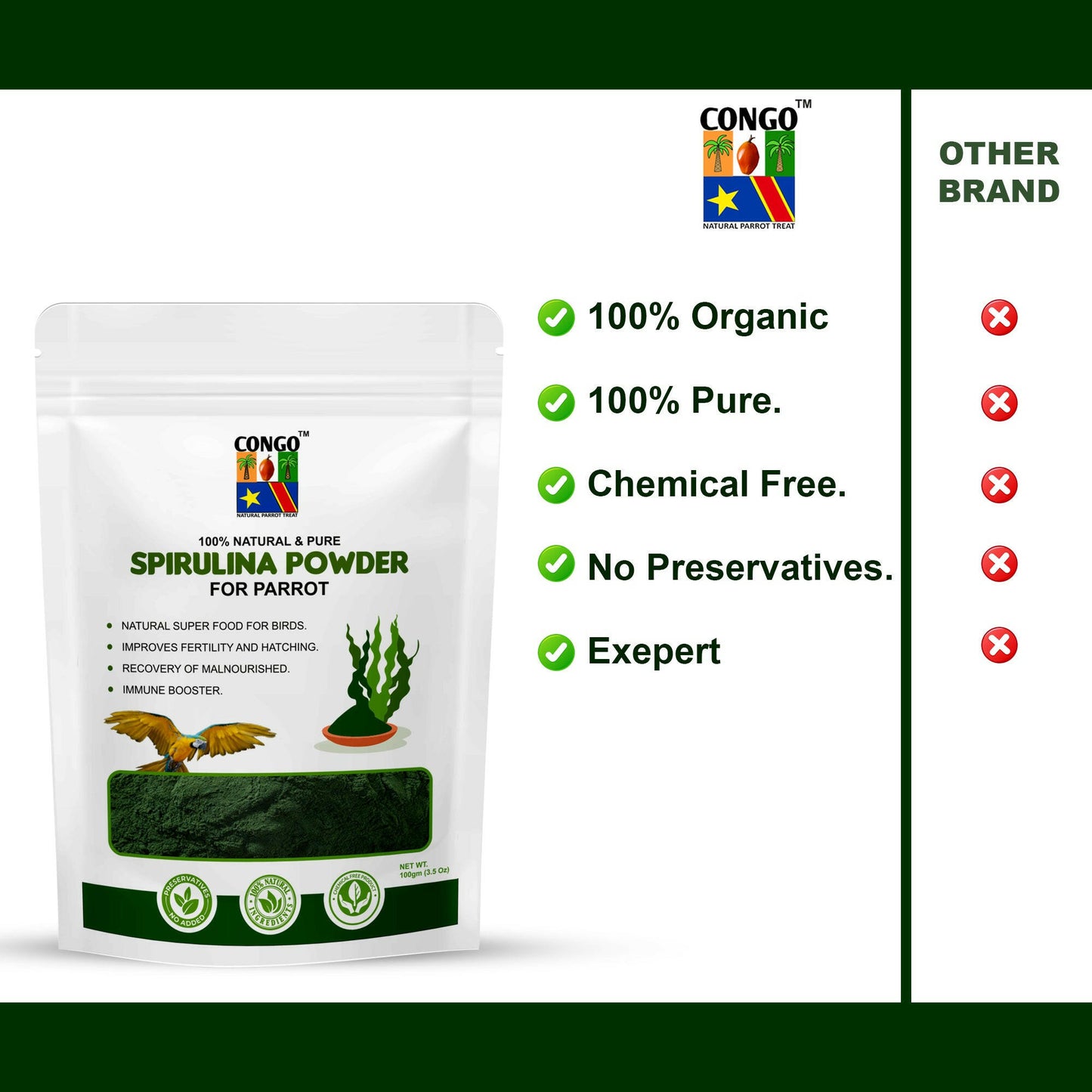 Congo 100gm Spirulina Powder for Healthy Health & Feather for Budgies, Lovebirds, Cockatiels, Conure, Senegal, Amazon, African Grey, Macaw, Cockatoo and Other Birds, 100gm