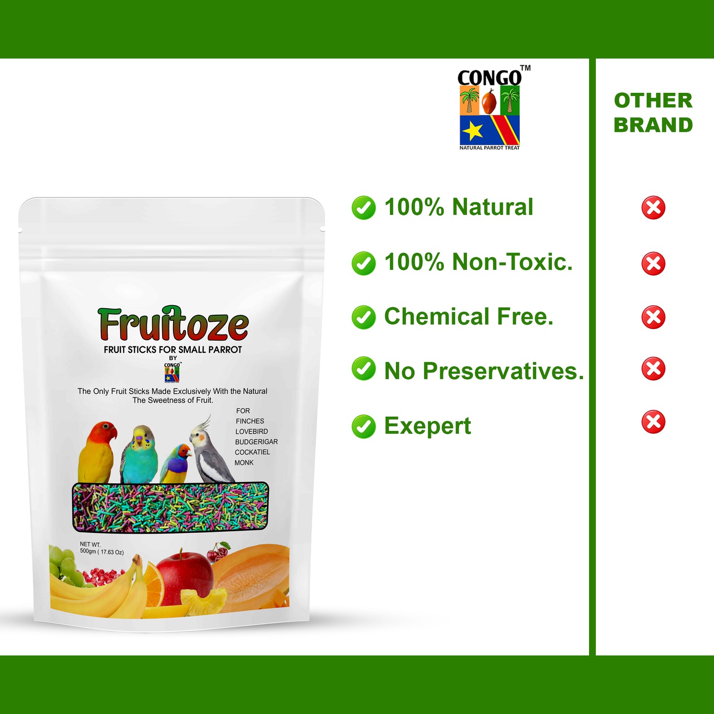 CONGO 500g Premium Fruitoze Fruit Sticks For Finch, Lovebird, Budgerigar, Cockatiel, Conure, Monk And Other Small Size Birds (500Gm), 1 Count