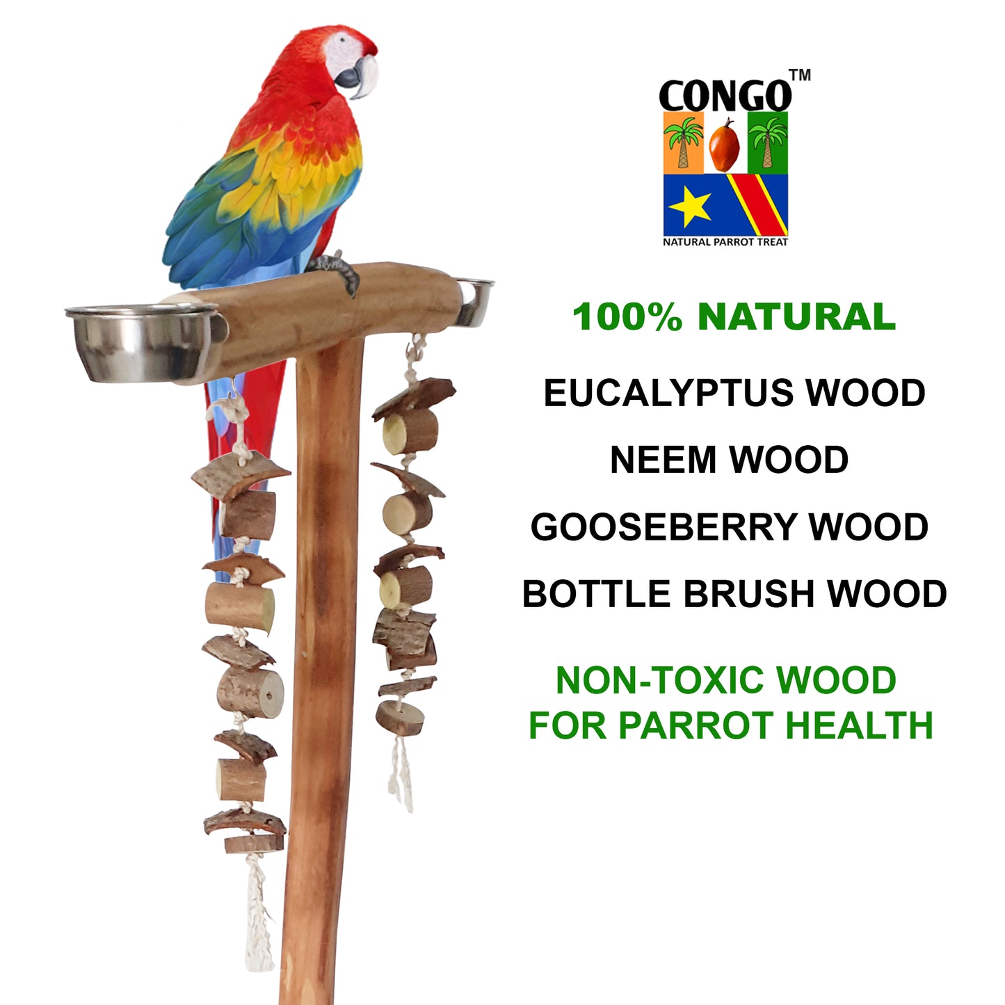 Congo® 48X29X20 Inch Training & Playing Stand for Parrot Eucalyptus Wood | with Hanging Toy for Conure, Amazon, African Grey, Macaw and Other Birds