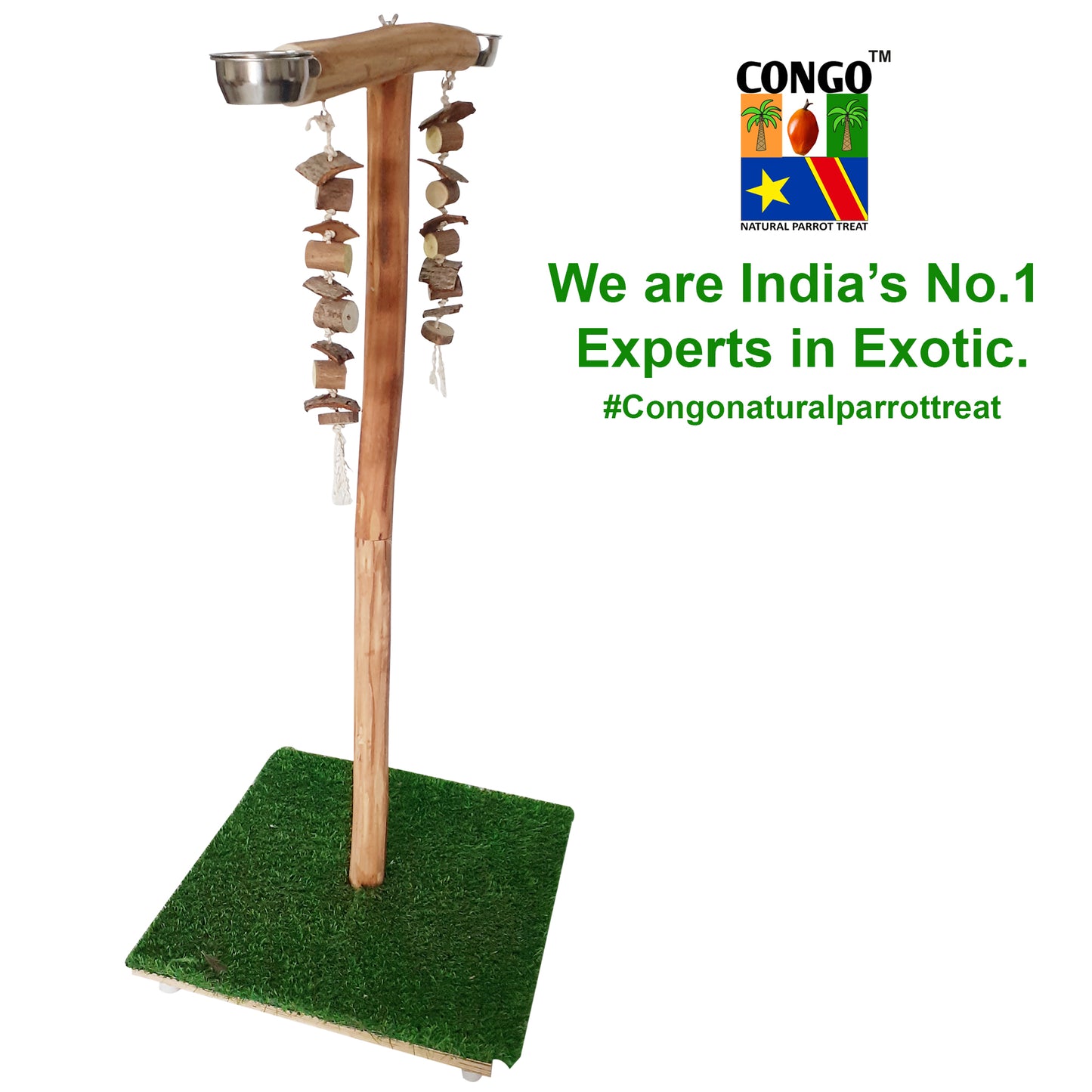 Congo® 48X29X20 Inch Training & Playing Stand for Parrot Eucalyptus Wood | with Hanging Toy for Conure, Amazon, African Grey, Macaw and Other Birds