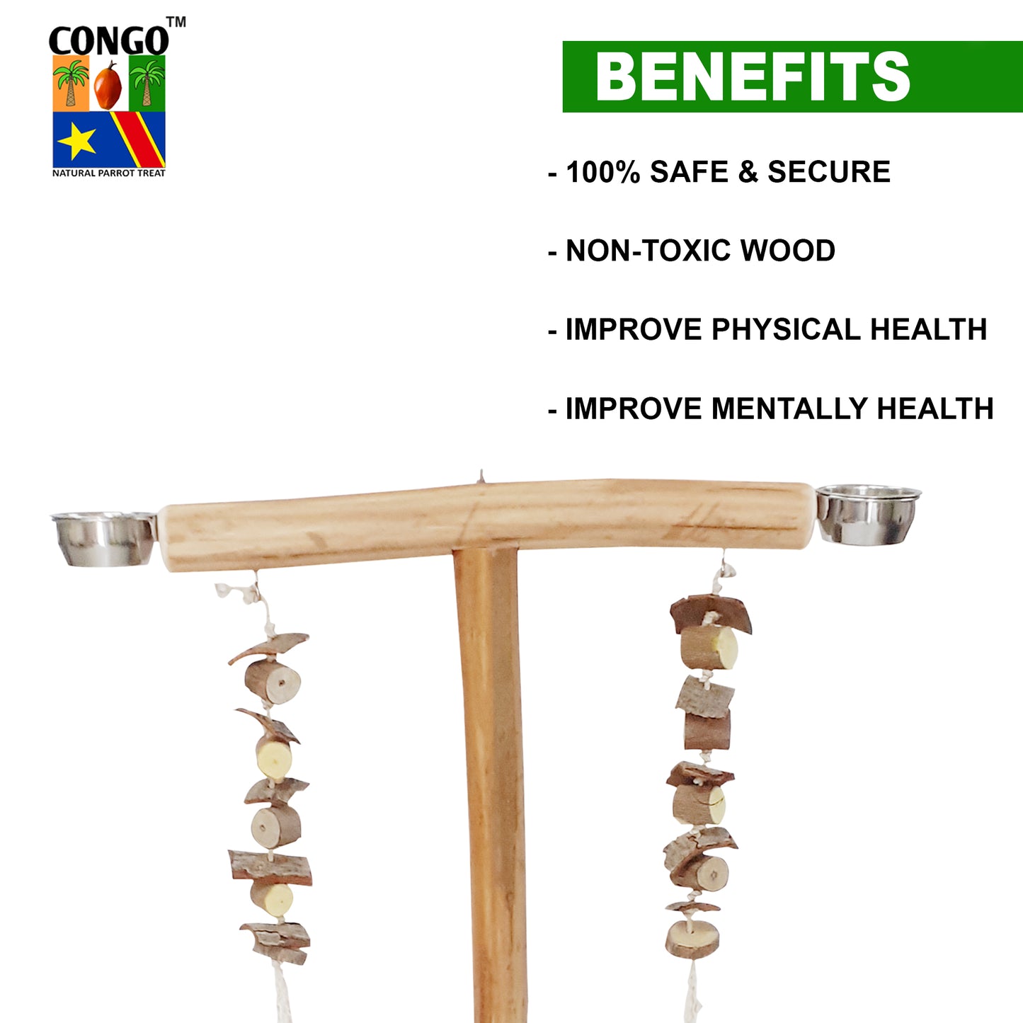 Congo® 48X29X20 Inch Training & Playing Stand for Parrot Eucalyptus Wood | with Hanging Toy for Conure, Amazon, African Grey, Macaw and Other Birds